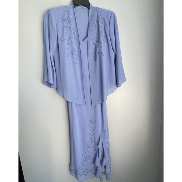 Periwinkle Beaded Evening Dress 2pc Ruffle Slit Lined Chiffon Sz 12P R&M Richard - Picture 1 of 16